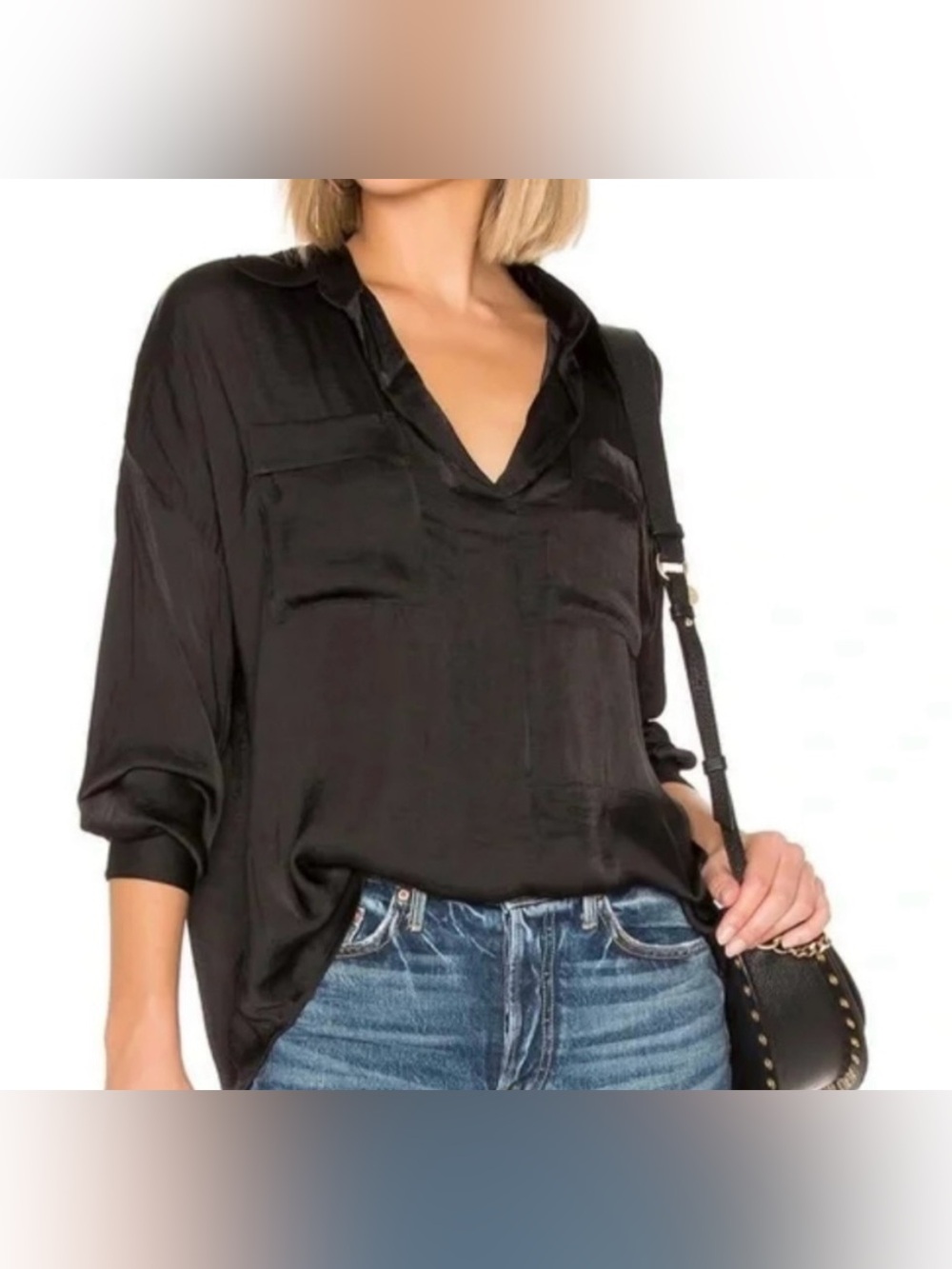 Free People Black Satin V-Neck Satin Blouse - Size L